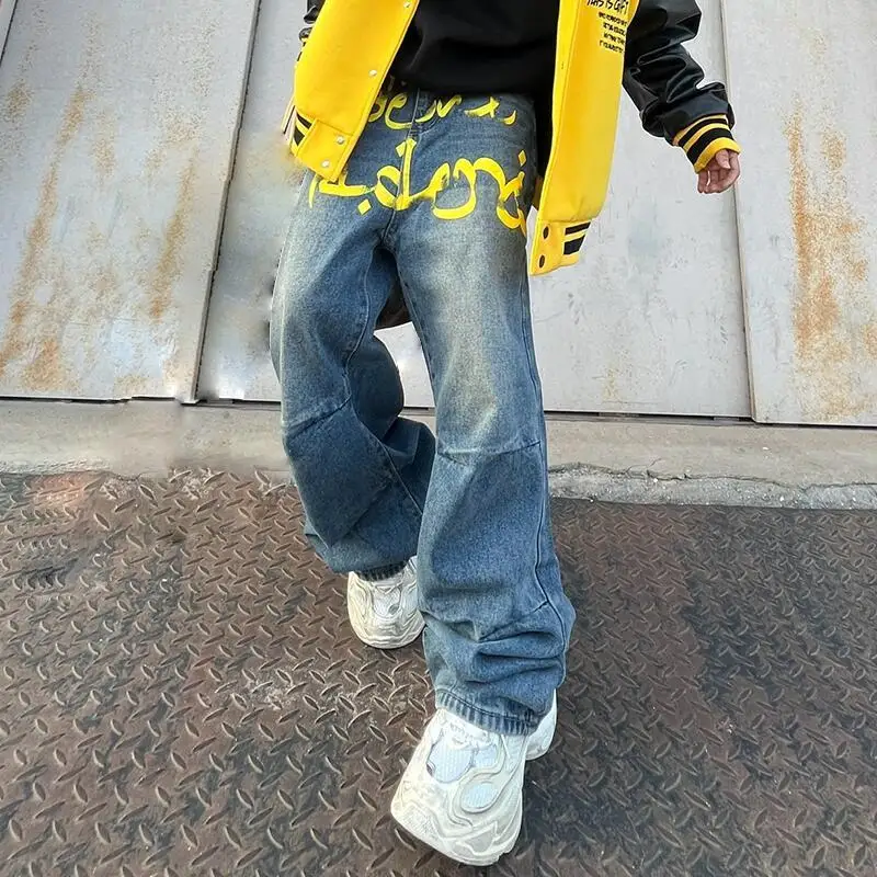 MWJLPWQ American Draped Printed Straight Jeans Unisex High Street Autumn Loose Washed Niched Design Male Casual Long Pants 12471