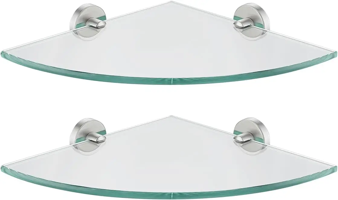 

Corner Glass Shelf, Brushed Steel Bathroom 304 Stainless Steel Shower Triangle Floating Wall Shelf, 10 x 10 Tempered Glass, 2
