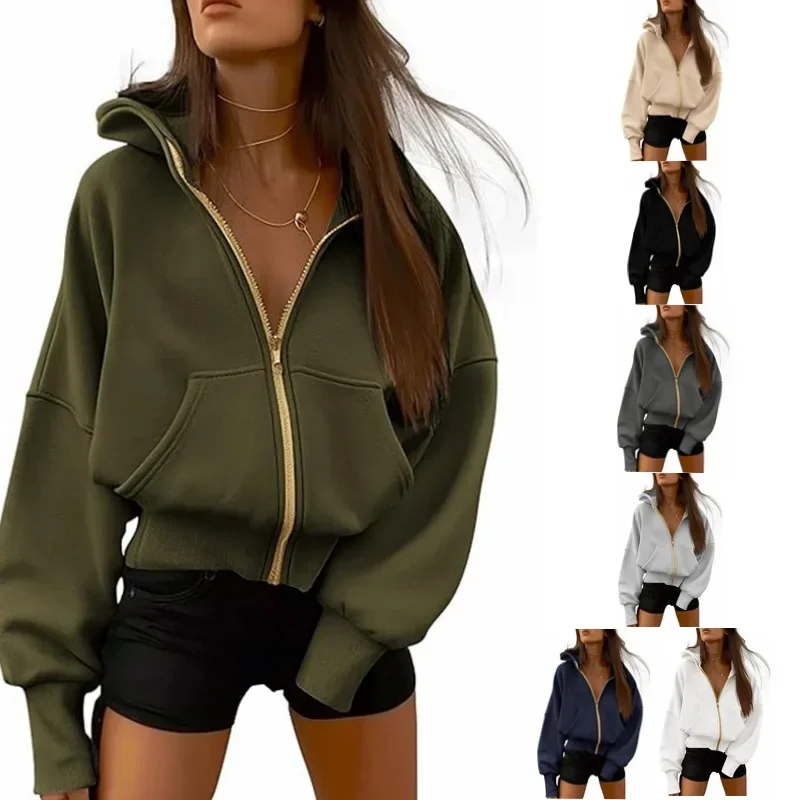 

Hoodie Women Hooded Sweatshirt Short Coat Sporty Casual Outerwear Zipper Pockets Female Autumn Winter Sportswear Jackets