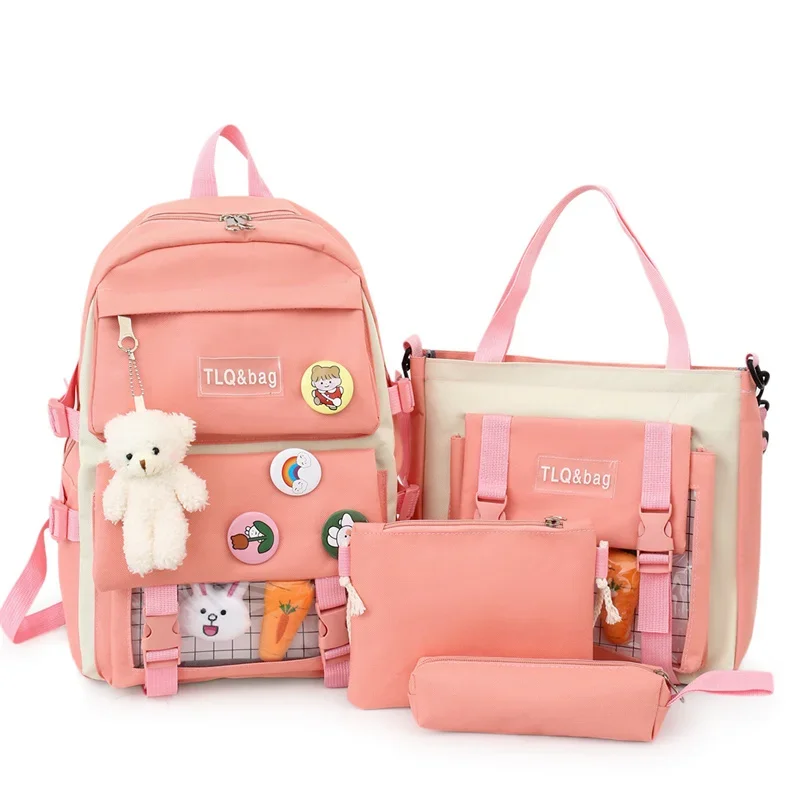 traveasy-2025-new-4-pcs-sets-women-high-school-bags-nylon-kawaii-women-backpack-fashion-book-bags-female-with-plush-pendant-cute