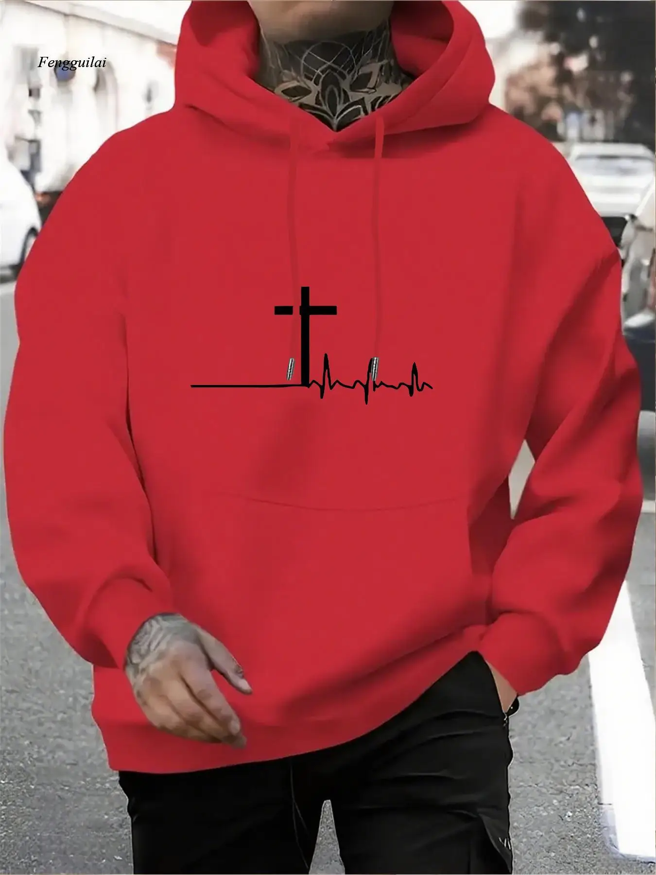Hoodie - Royal Blue Cross Heartbeat Graphic Pullover, Fleece Hooded Sweatshirt for Gym, Streetwear & Casual Attire