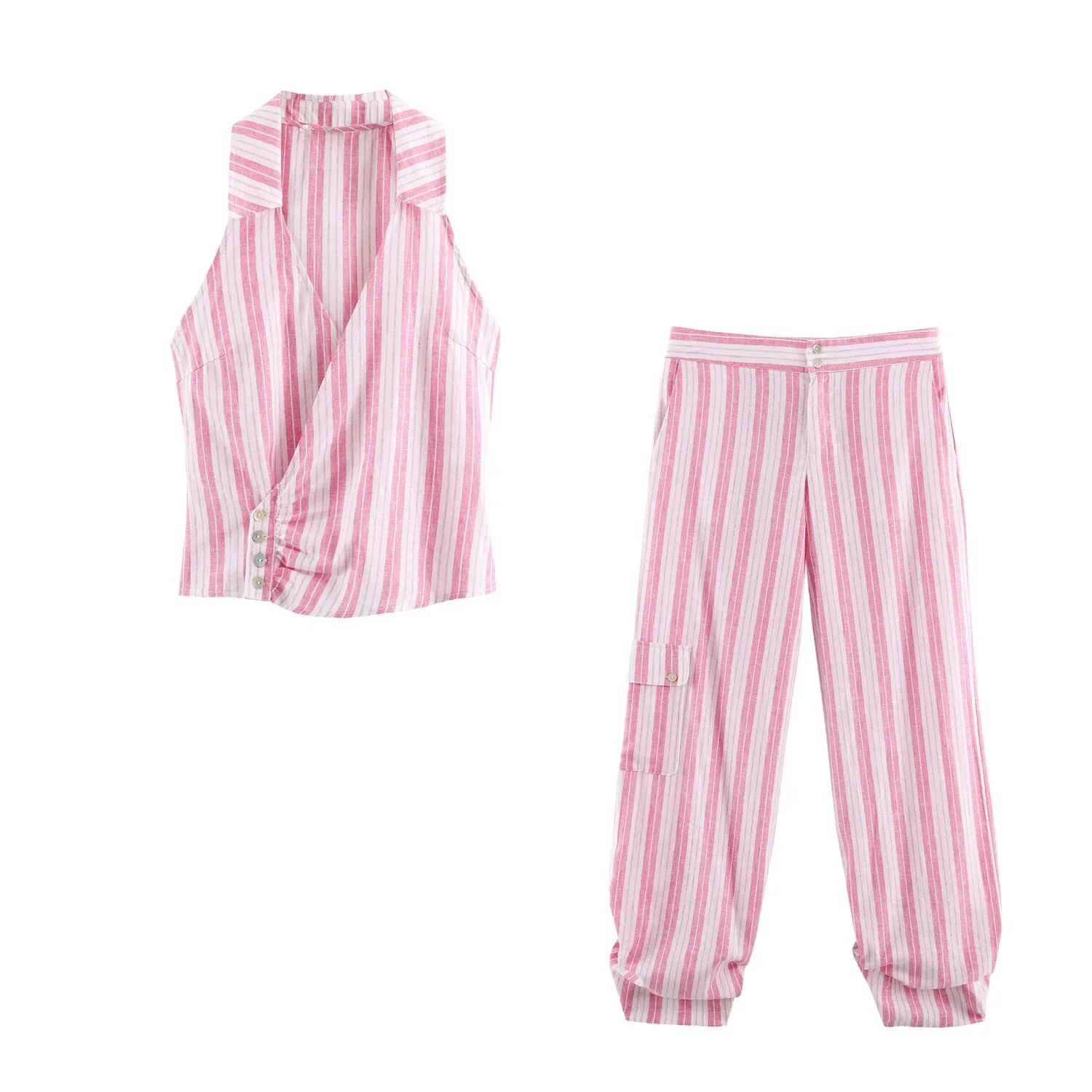 European and American style 2026 new summer women's buttoned striped double-breasted top + pleated striped pants suit