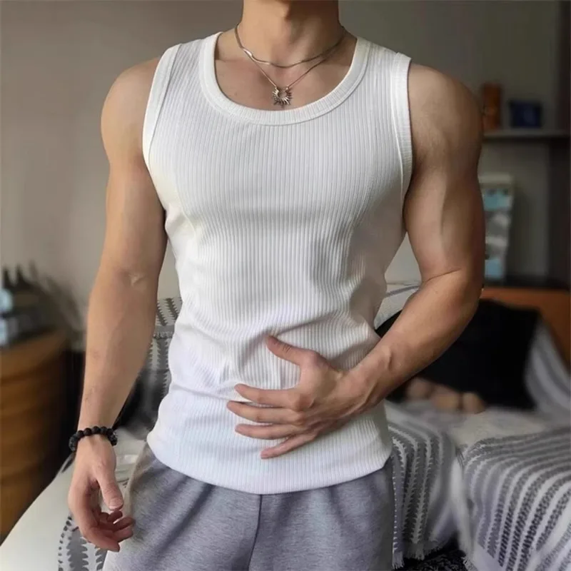 KIDWHXR Men's Muscle Fit Ribbed Tank Top Sleeveless Elastic Workout Shirt Slim Fit Gym Vest for Man Bodybuilding Sports Tight