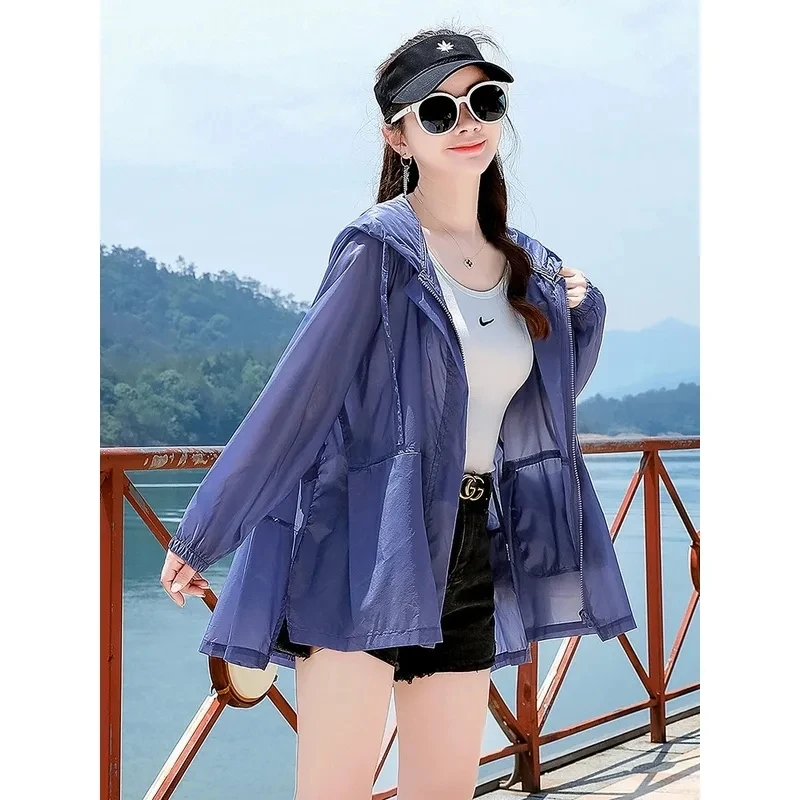 2023 New Summer Thin Coat women's Jacket Zipper Hooded Sun Protection Clothing Loose Breathable UV Protection Outerwear Tops