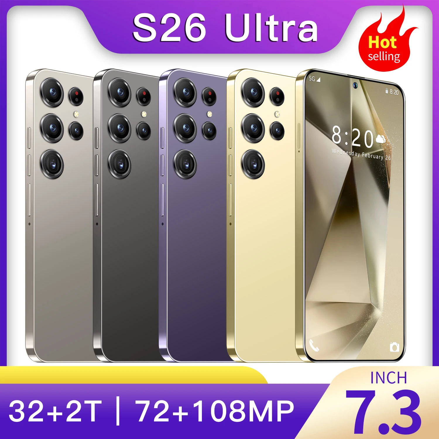 Hot New S26 Ultra Smart phone 7.3 inch Full Screen 4G/5G Cell Phone 32TB+2TB 8000mAh Mobile Phones Global Version Celulares