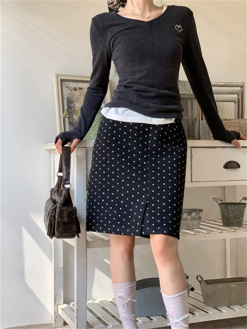 Alien Kitty Chic Polka Dots Mid-Length Skirts Women Vintage Casual Office Lady High Street Elegant All Match Fashion Spring