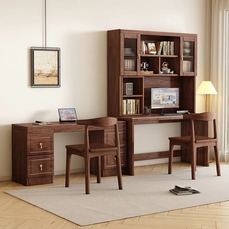 Solid Wood Walnut Computer Desk Integrated Corner Bookshelf Bookcase Desktop