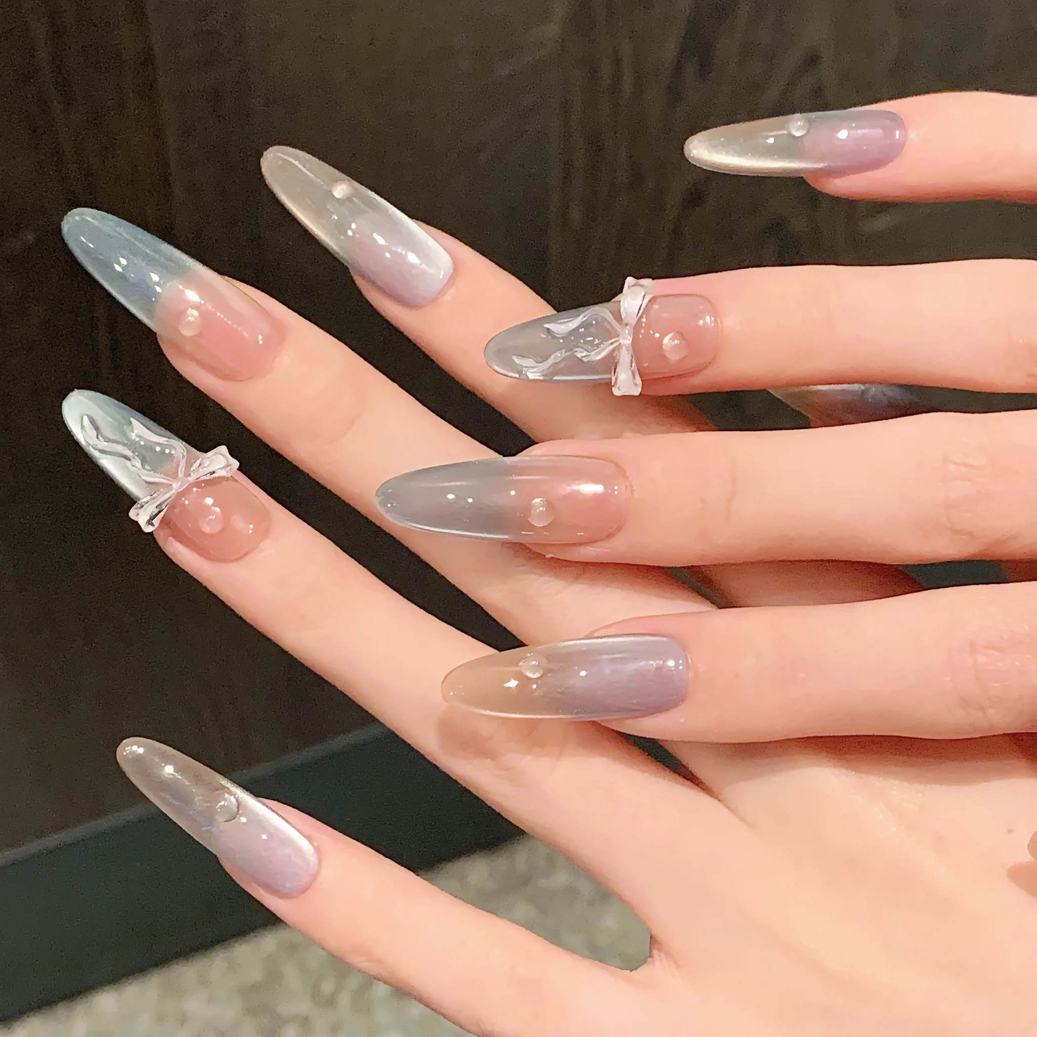 

Long Handmade Nails Press On Korean Fake Nails Oval Cat Eye False Nail Tips 3D Transparent Spots Bowknots Manicure Set 10Pcs