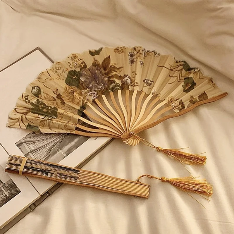 New Summer Chinese Silk Folding Fan Elegent Female Wooden Dance Fan Bamboo Handheld Fan For Wedding Party Decoration Gift