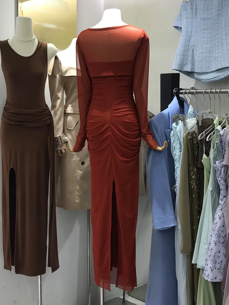 VGH Sexy Red Color Sheer Mesh Long Dress for Women Square Collar Long Sleeve High Waist Folds Evening Formal Gown Female Fashion