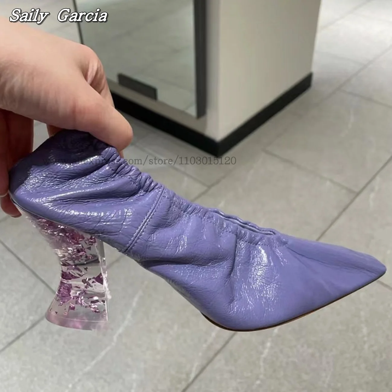 Genuine Leather Purple Clear Heel Elasticity Sahllow Pumps Purple Gold Dust Sexy Women Pumps Pointed Toe Grace Retro Sandals