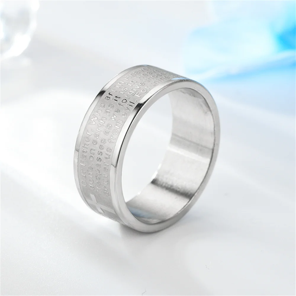 Bible Jesus Cross Ring 8mm Male Silver Color Christian Scripture Prayer Rings for Men Women Religious Fashion Party Jewelry Gift