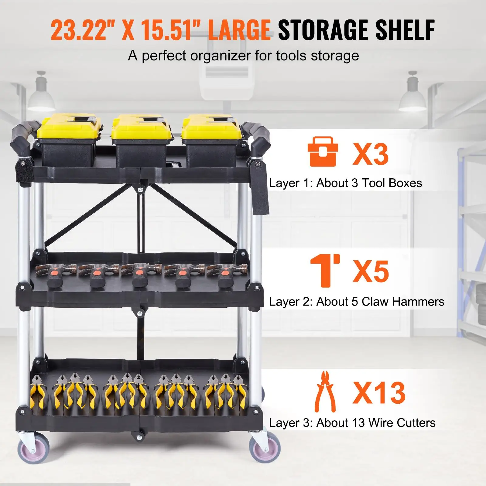 Foldable Utility Service Cart 3 Shelf 165LBS Heavy Duty Plastic Rolling Cart Lockable Wheels Ergonomic Handle Portable Garage Tool Cart for warehouse Office Home 25.62x15.43x32.76