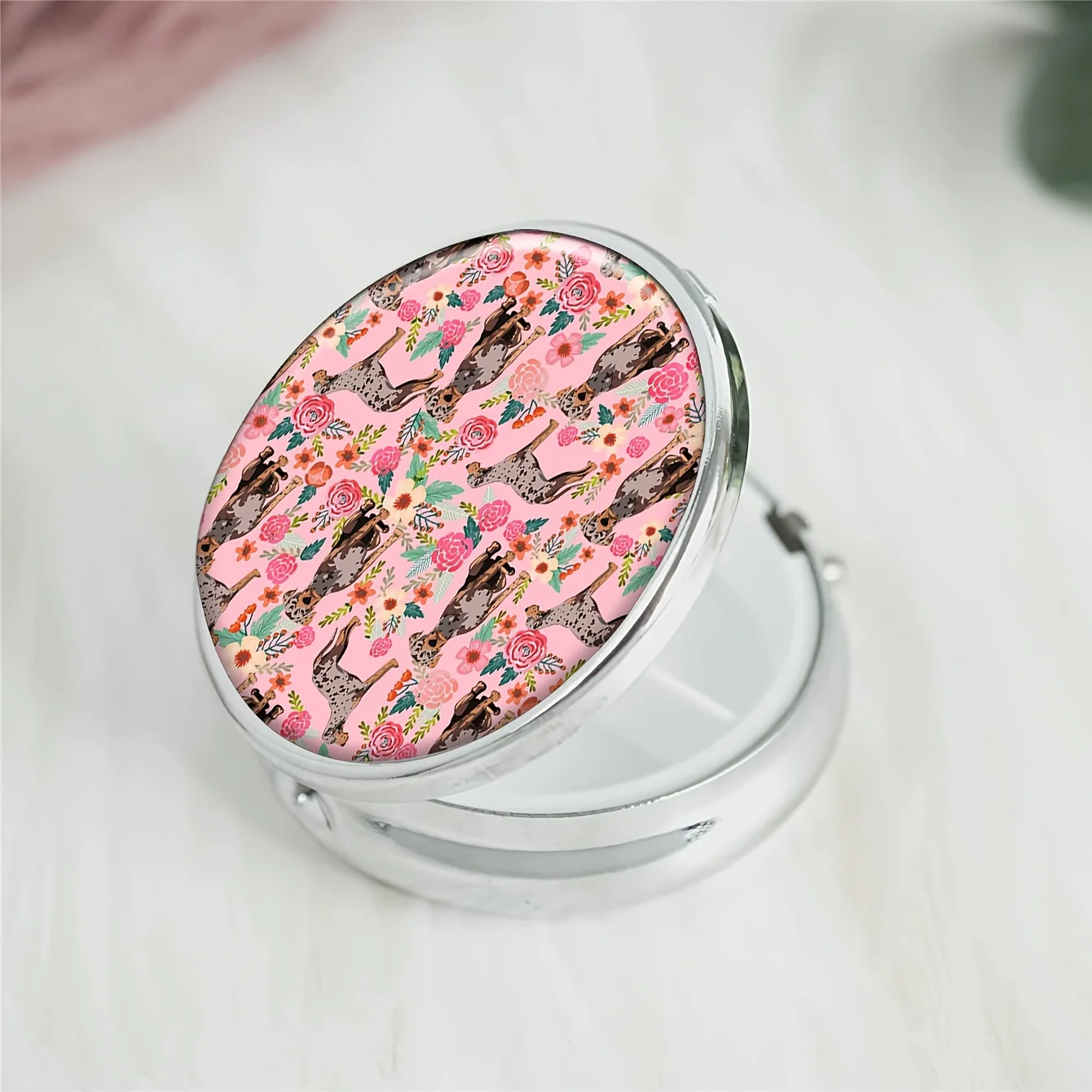 Leopard Dog Vintage Florals Round Pill Box,Household Portable Medicine Storage Box,3-grid Sub-packaging Medicine Box