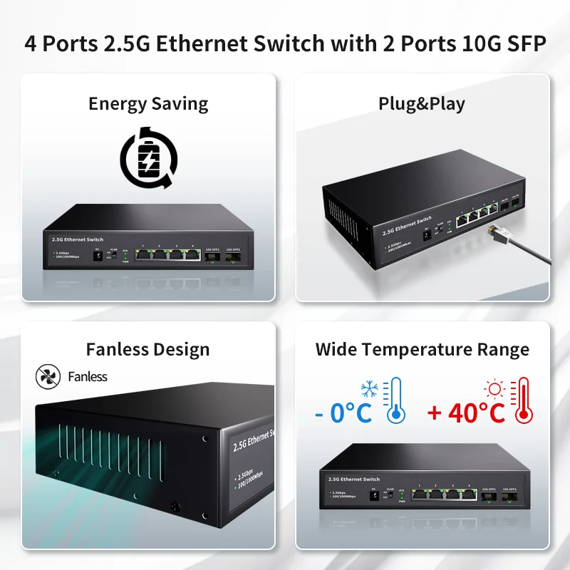 4-портовый Ethernet-коммутатор STEAMEMO 2,5G, 10G, SFP + сетевой коммутатор без POE, переключатель с 2*10G SFP + порт для IP-камеры/системы видеонаблюдения