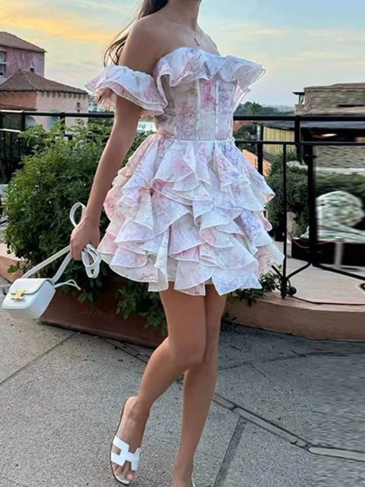 

2025 Summer New Women's Elegant Printed Chiffon Ruffled Strapless Party Dress Sexy Strapless Mini Dress Ladies Fashion