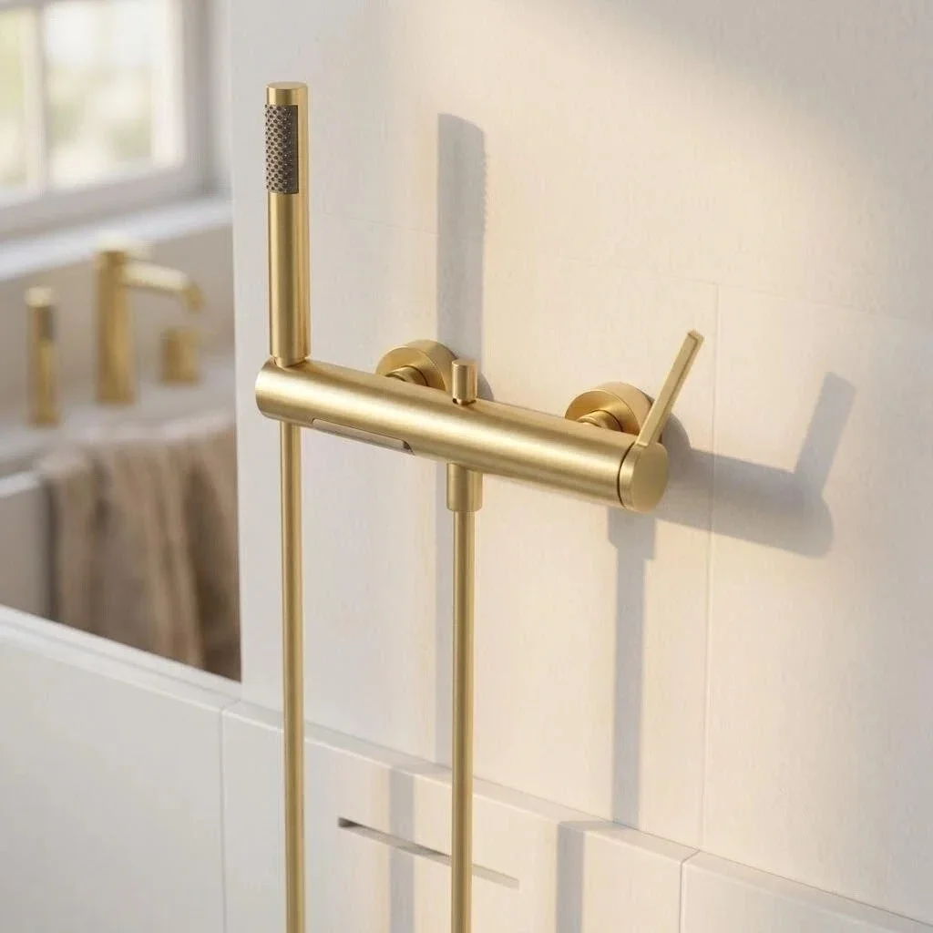 Brushed Gold Bathroom Shower Faucet Set Wall Mounted Waterfall Style Brass Bathtub Faucet Set