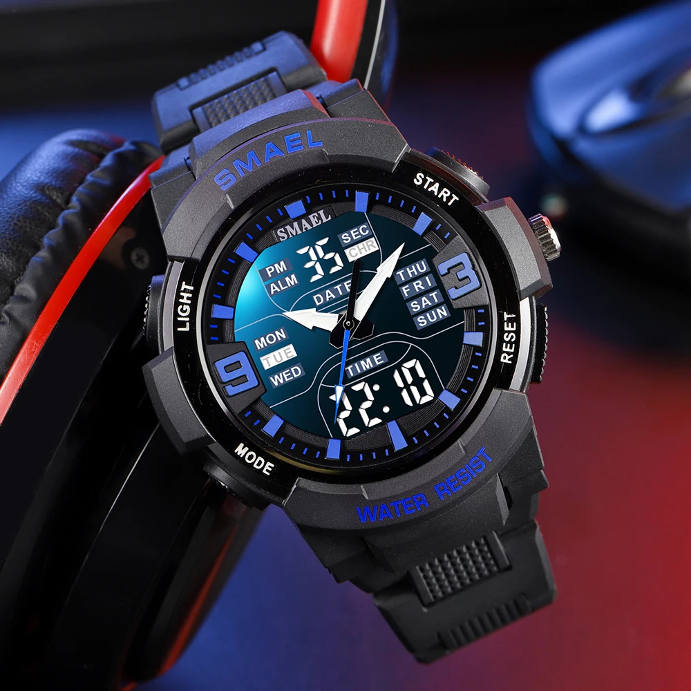 SMAEL Alloy Case Sport Watch Men Military Quartz Watch Blue Back Light Dual Display Wristwatch Male Stopwatch LED Digital Clock