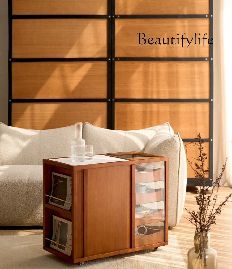 

Modern simple Nordic tea cabinet retro solid wood movable sofa side cabinet household tea table