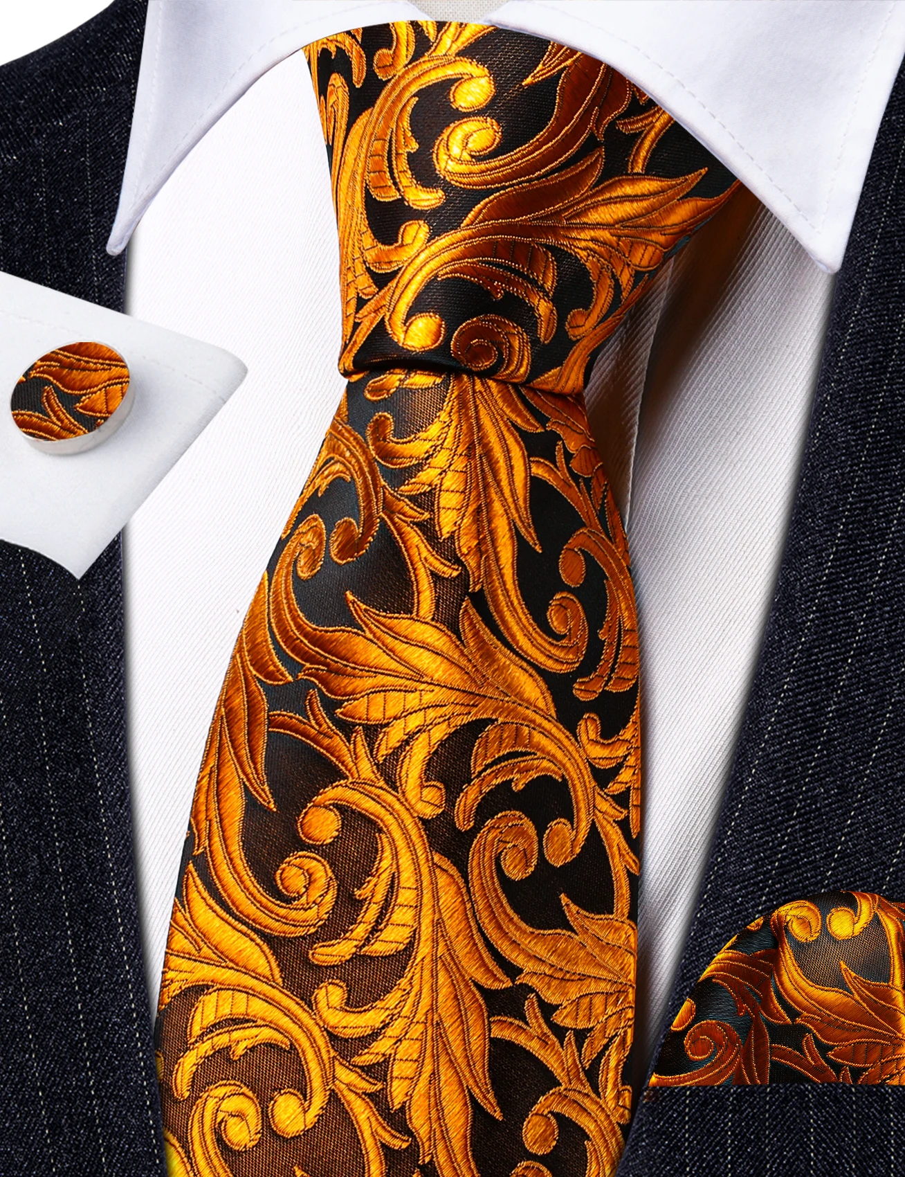 

Exquisite Dark Gold Floral Men Ties Luxury Brand Silk Jacquard Handkerchief Cufflinks Sets Groom Wedding Business Party LN-6469