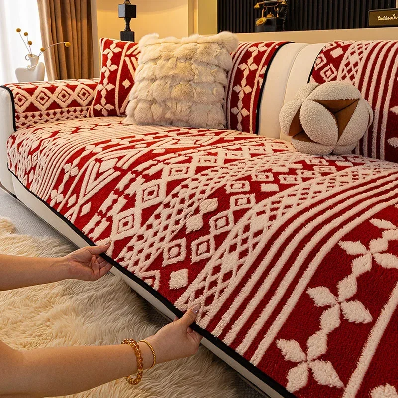 Bohemian Two-Color Jacquard Sofa Cushion Thickened Soft Non-Slip Sofa Cover for Winter Anti-Scratch Plush Warm Couch Cushion