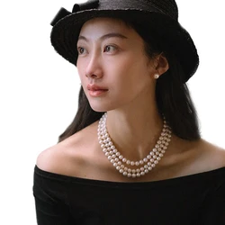 Beautiful  Choker 3 Row Multi Layer Necklace Real Natural Freshwater Pearl Necklace Birthday Gift