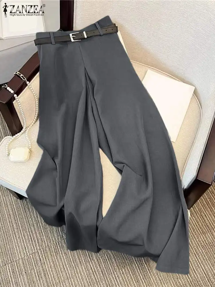 ZANZEA Fashion OL Pleated Women Wide Leg Pants 2024 Autumn High Waist Casual Work Pants Solid Color Elegant Office Long Ttousers