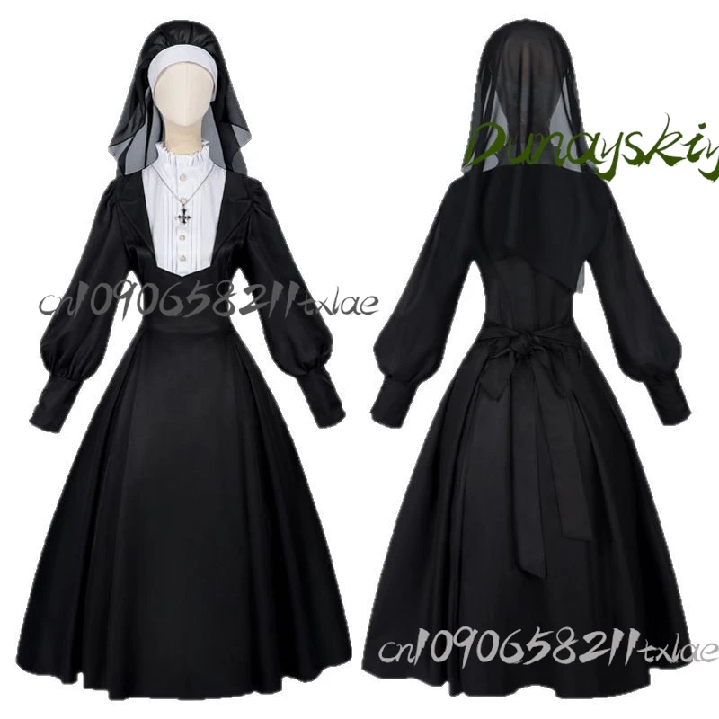 2025 Gothic Nun Dress - Triple-Festival Cosplay Set with Detachable Rosary & Glow-in-the-Dark Cross, Easter/Halloween/Christmas