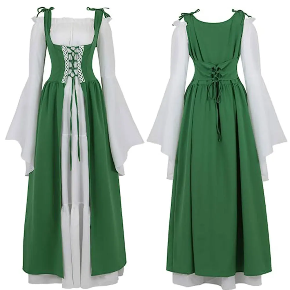 Retro Sukienka Średniowieczna Renesansowa z Kwadratowym Dekoltem i Podkreśloną Talia, Strój na Halloween, Damska Odzież Etniczna na Scenę