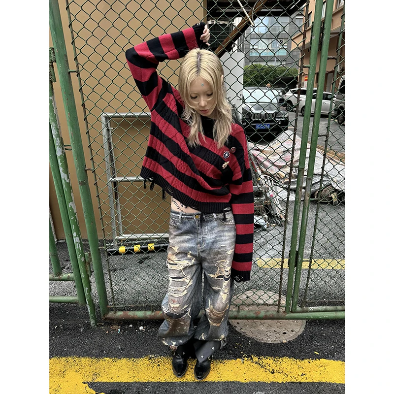 Women's Blue Gothic Y2k Cargo Jeans Harajuku 2000s Trashy Ripped Denim Trousers Streetwear Baggy Jean Pants Vintage Emo Clothes