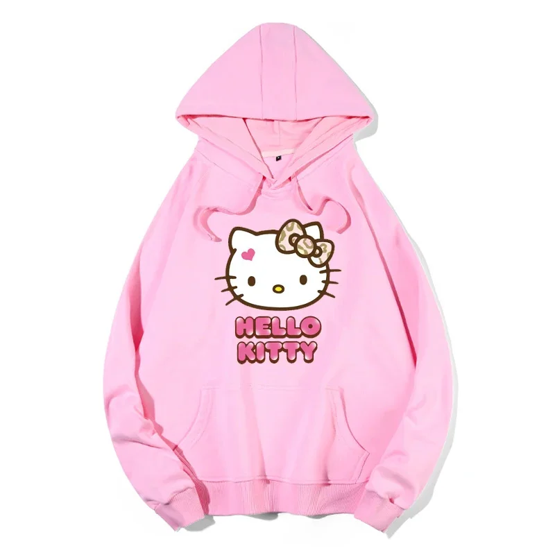 Cartoon fashion label Hello Kitty hood round neck pullover hoodie women loose oversized top hoodie clothes winter clothes women