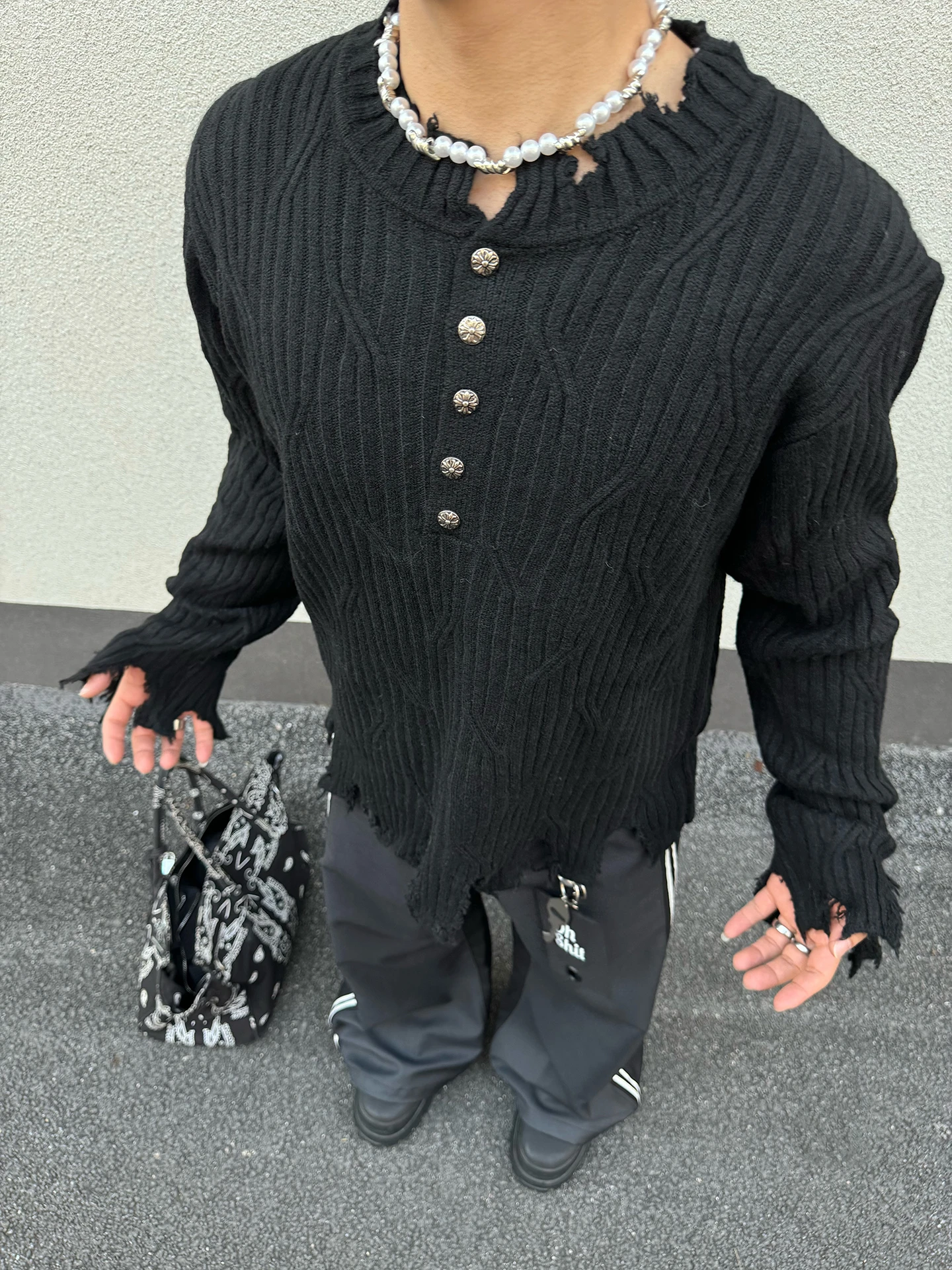 American Retro Street Tassel Destroyed Henry Collar Sweater Men's Lazy Style Loose Casual Knitted Shirt Youth Long Sleeve