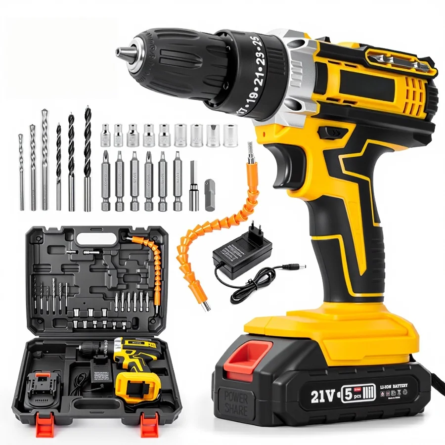 21V Mini Handheld Lithium Battery Cordless Drill Electric Screwdriver Set, 25Nm Power Hammer Drills Driver 25+1 Torque With LED