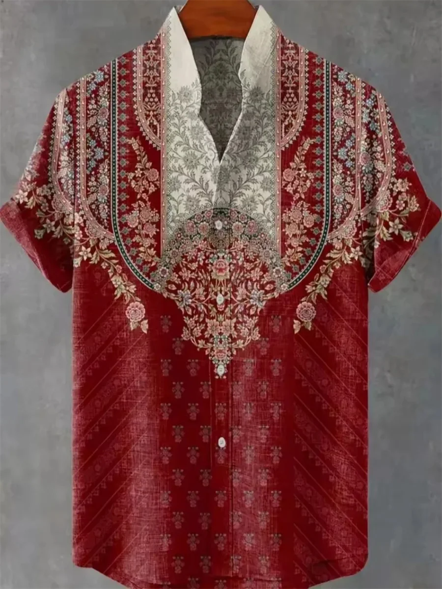 New fashion short sleeve shirt, made of comfortable and breathable fabric, linen art pattern stand collar shirt