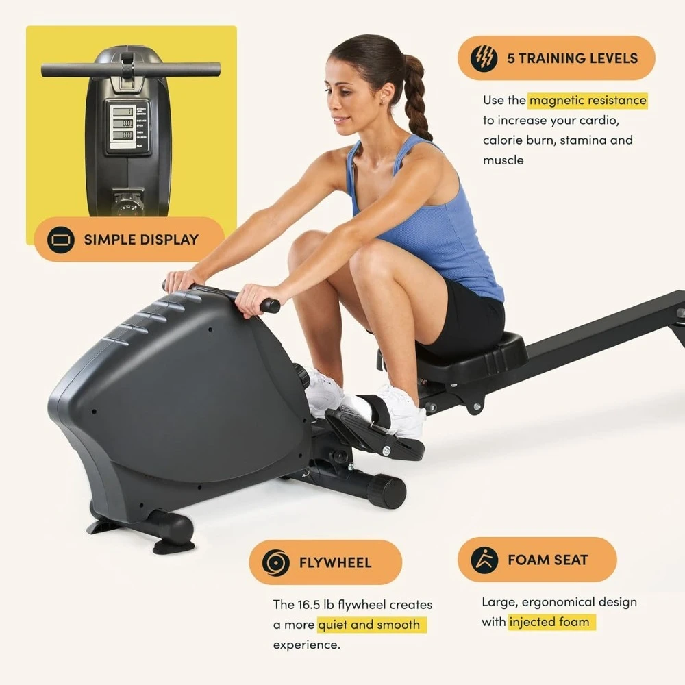 เครื่องกรรเชียงบกแบบพับได้ RW1000 สำหรับใช้ในบ้าน/สำนักงาน, ระบบต้านทานแม่เหล็กเงียบพิเศษ, ใช้พลังงานจากแบตเตอรี่, สีชาร์โคล