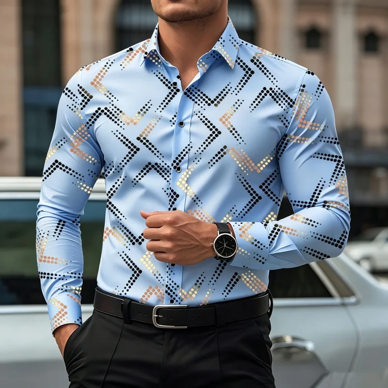 

Men's business casual long sleeved shirt light blue geometric print slim fit elastic shirt Spring and Autumn trendy men's top
