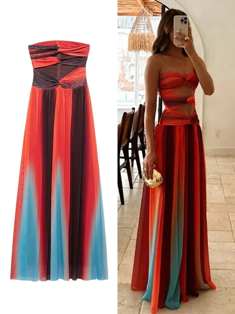 

New Women's Hollow Out Design Mesh Sheath Dress Bohemian Wind Holiday Sexy Strapless Long Dress Elegant Women's Dresses