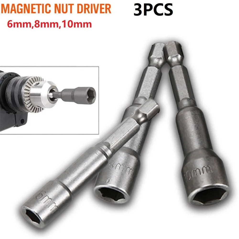 3pcs Magnetic Nut Driver Socket Bit Set, 6mm 8mm 10mm Hex Shank Screwdriver Adapter With 1/4