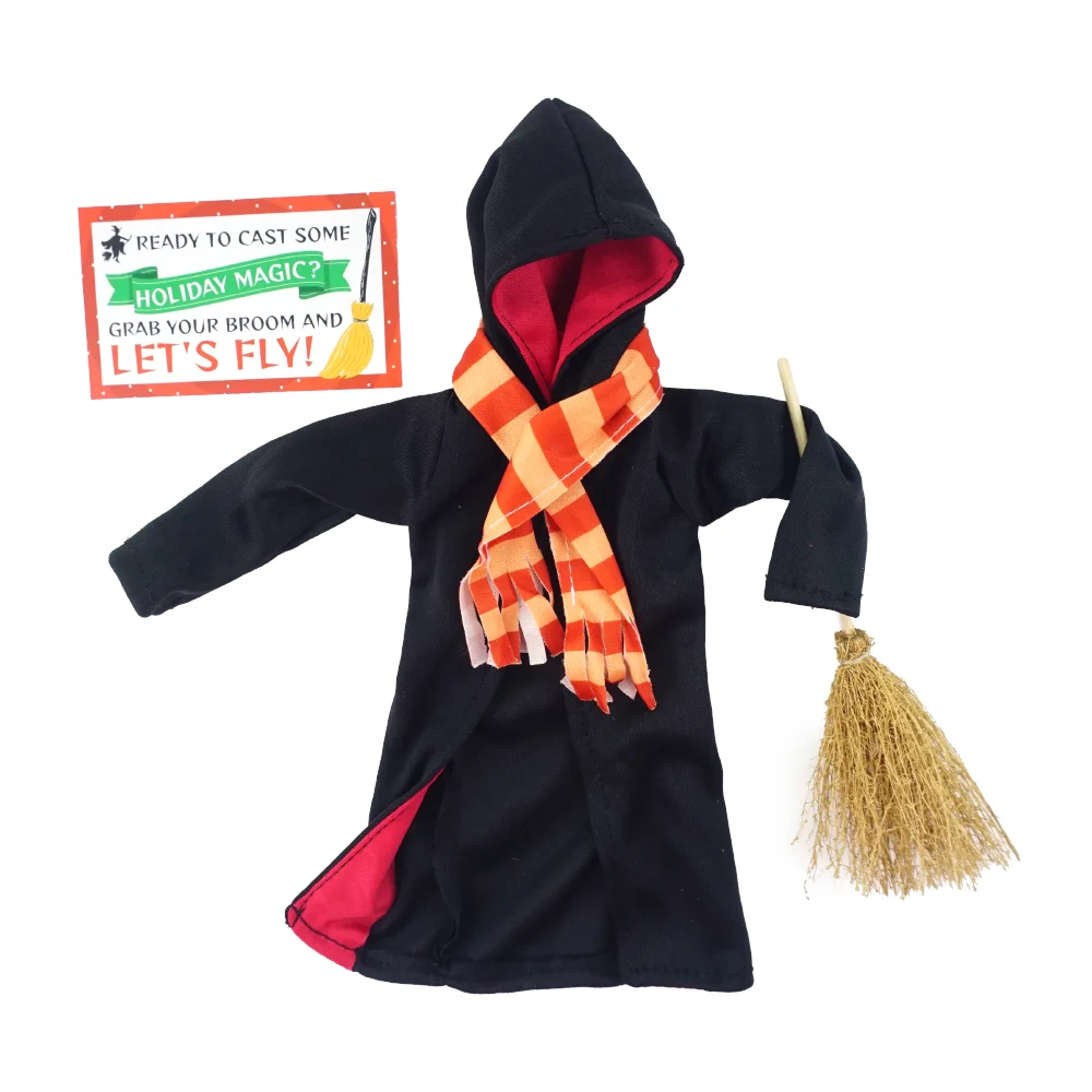 Christmas Accessories, Magic Robe, Scarf, and Broom Set, Elf Outfit, Suitable for 30cm Dolls