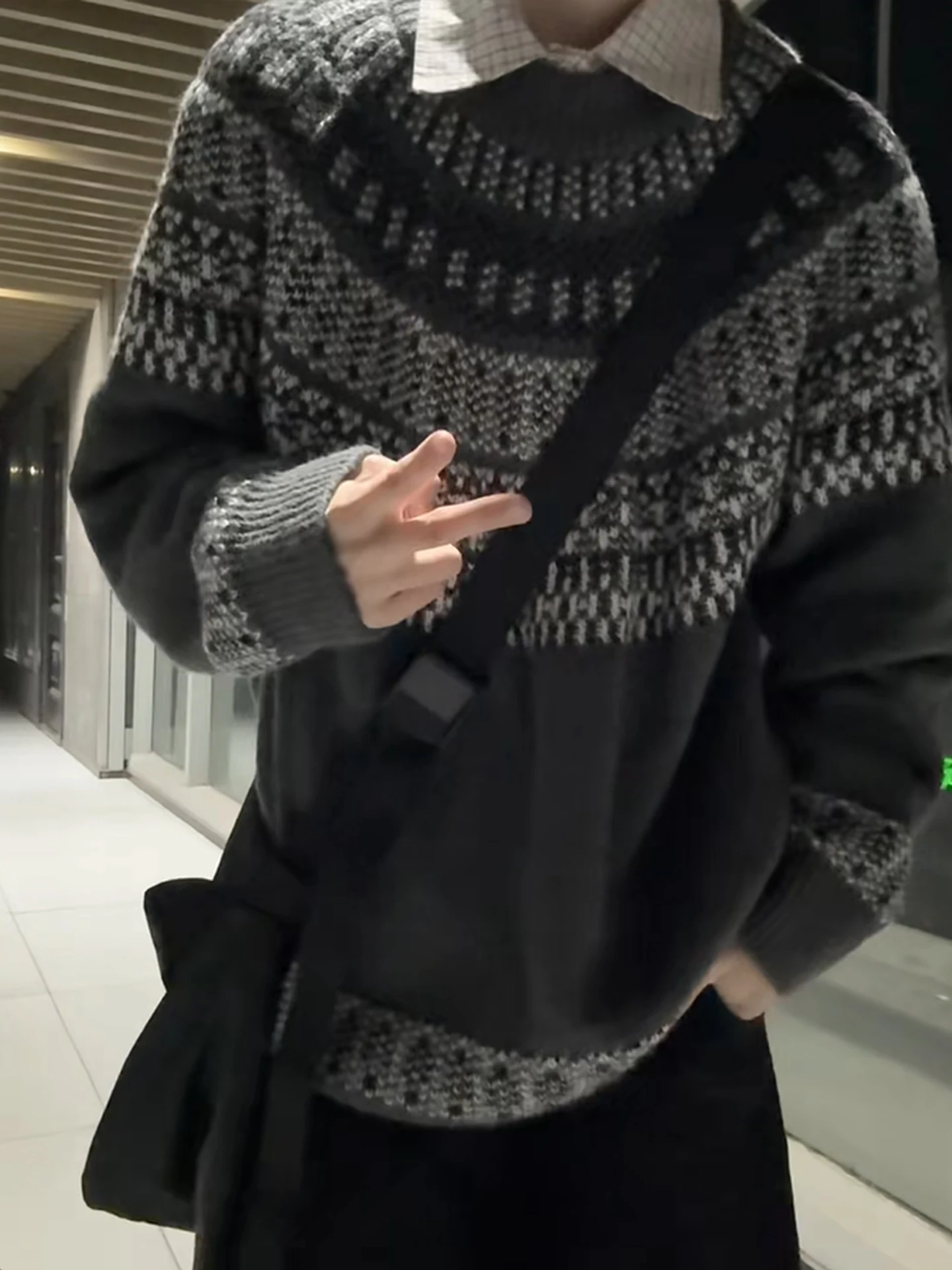 

Вязаный свитер унисекс в стиле ретро, круглый вырез, пуловер, многослойный топ, зимняя повседневная одежда, нижняя одежда, длинный рукав