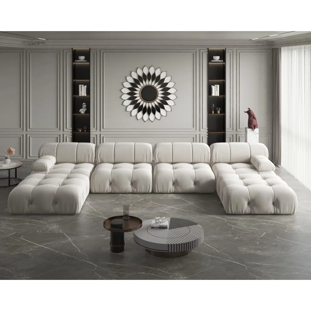 

Modern Velvet Combination Sofa, U-shaped Minimalist Modular 6-seater Sofa with 2 Footstools