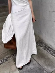 Vintage White Linen Maxi Skirt Straight Cotton High Waisted Split Casual Long Skirts for Women Office Lady Summer Skirt