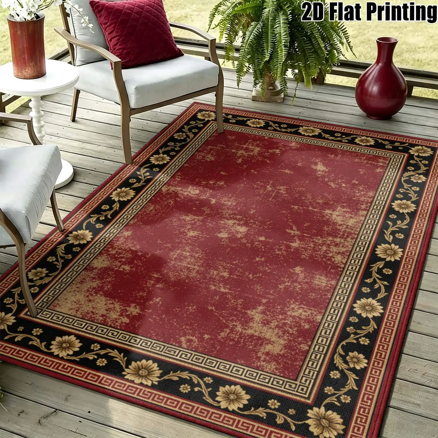 1Pc 2D Printed Retro Sunflower Border Carpet European-Style, Vintage/Geometric/Floral Designs, Multi-Size, Machine Washable, Ideal Home Decor for Entryway, Dining Room, Foyer, Bedroom, Living Room.