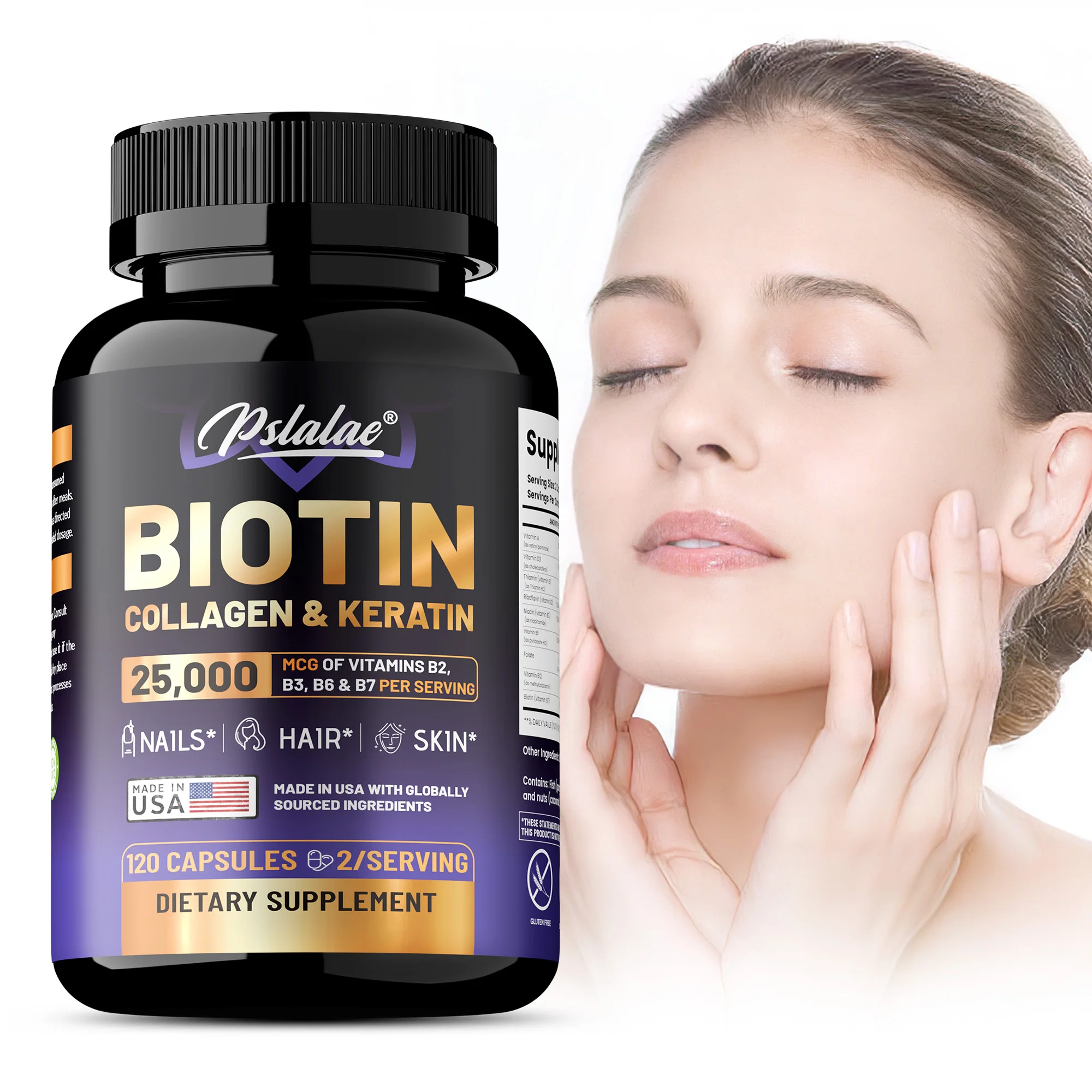 

Biotin | Collagen | Keratin Supplement - Anti-aging, Promotes Healthy Hair, Skin and Nails, Replenishes Collagen - 120 Capsules