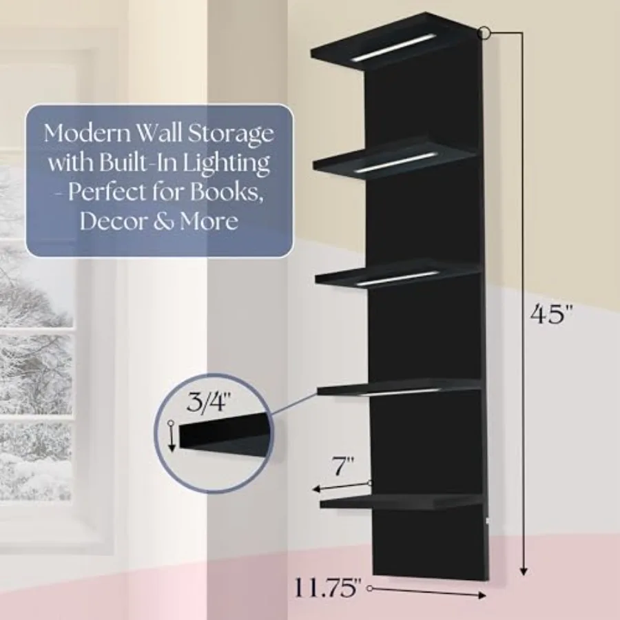 LED Light Display Shelf - Vertical 5 Tier Wall Shelf Unit with 2 Hooks Column Utility Shelving for Home Decor Wall-Mounted Floa view 2