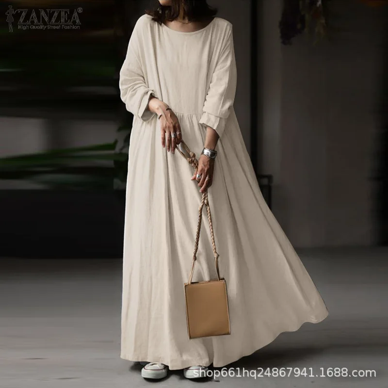 

Women Loose Cotton Solid White Pullover Dress Round Neck Long Sleeve Fashion Dresses For Women Clothing