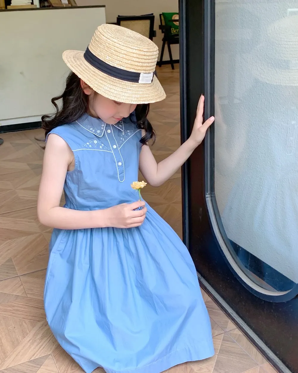 

Summer baby girls clothes kids dress French style girls' blue sleeveless dress high-quality embroidered retro style dress