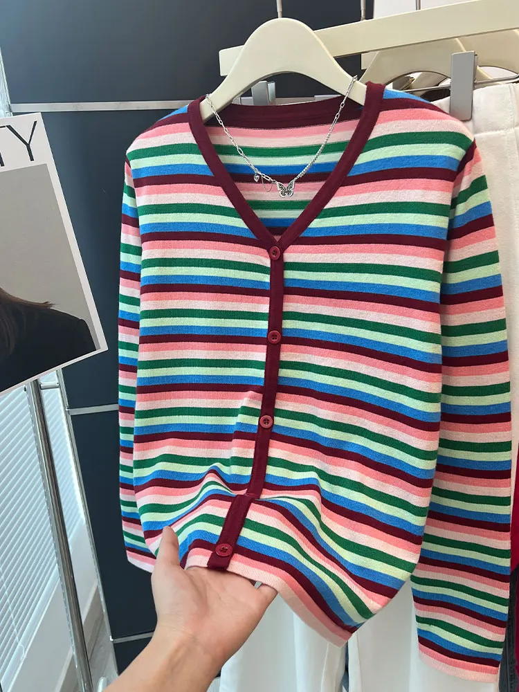 Faionable Striped V-Ne Single-Button Knitted Cardigan Casual Commute Sle Long Sve Outerwear Unique Top for Women
