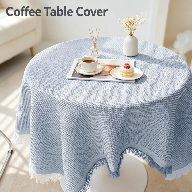 Round Tablecloth Blue Woven Texture Fringe Edge Table Cover for Dining Kitchen Home Decor Wedding Party Decoration
