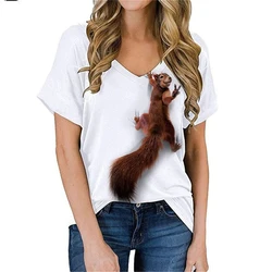 Squirrel T-Shirts Animal 3D Print Women Short Sleeve V-Neck T Shirt Y2k Harajuku Streetwear Oversized Female Tops Tees Clothing
